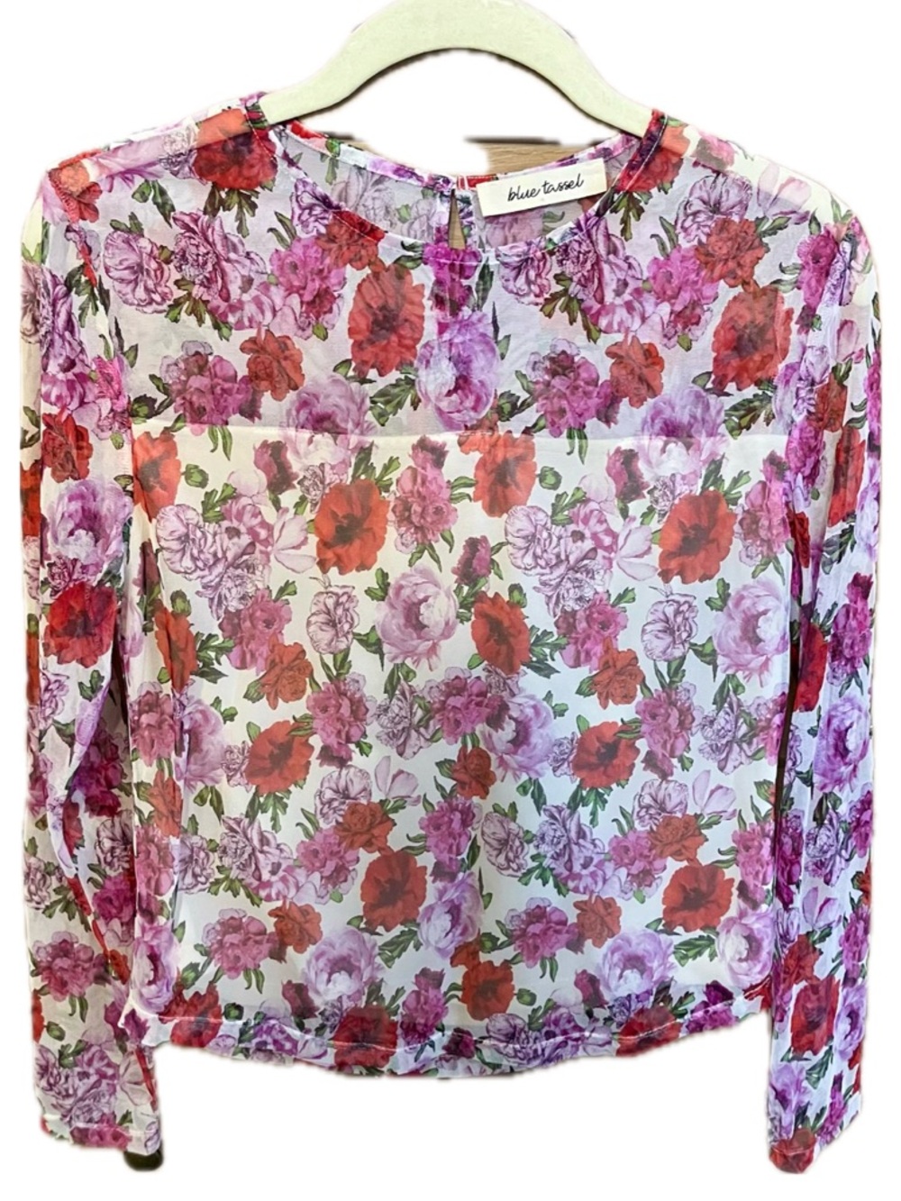 Blue Tassel Floral Long Sleeve Blouse